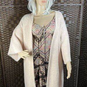 Joan Vass Cardigan Sweater Womens Large Pale Mauve Faux Mohair 3/4 Sleeve Luxury